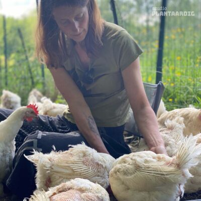 Melanie Jaecques met verschillende geredde kippen uit de bio-industrie.