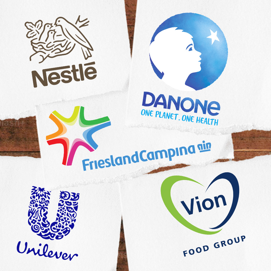Logo's van Nestlé, Danone, FrieslandCampina, Unilever & Vion